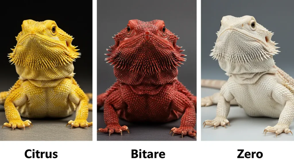 Citrus, Red, and Zero bearded dragon morphs – color variation comparison photo