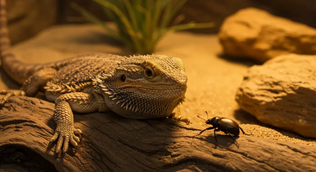 Bearded dragon watching a beetle in a desert enclosure