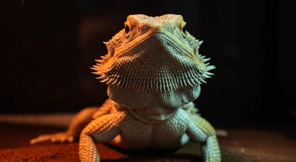 A translucent bearded dragon shielding its eyes from UVB lighting, showing bearded dragon morphs but bad effects in light sensitivity.