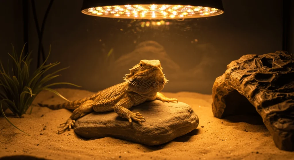 Healthy bearded dragon basking under UVB lamp to highlight contrast with bearded dragon morphs but bad effects