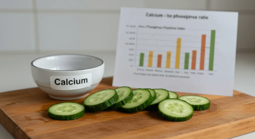 Cucumber slices and calcium bowl highlighting the question: can bearded dragons eat cucumbers