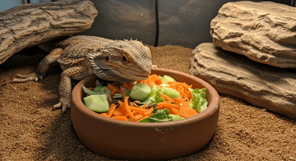 Bearded dragon eating mixed vegetables with cucumber—can bearded dragons eat cucumbers as part of a balanced diet
