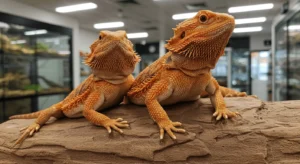 Two orange bearded dragons side by side, showcasing vivid colors from bearded dragon selective breeding.