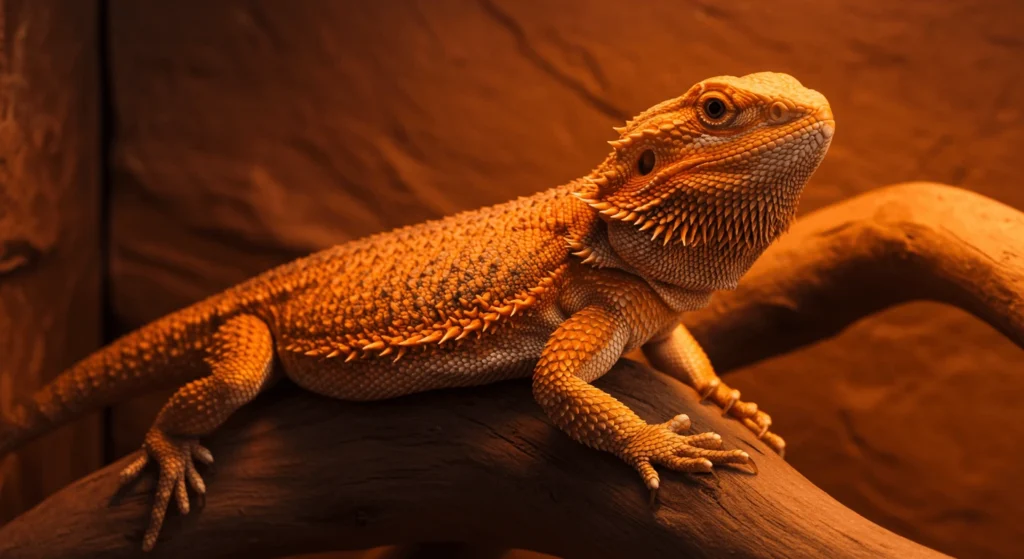 A vivid orange Leatherback bearded dragon basking in a terrarium, produced through bearded dragon selective breeding.