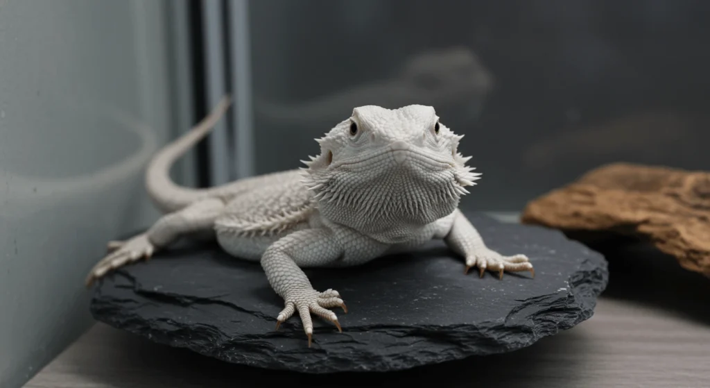 A ghostly white Zero bearded dragon with patternless skin, the product of bearded dragon selective breeding.