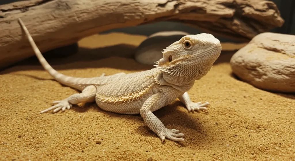 A pale Witblits bearded dragon on desert-themed substrate, bred through bearded dragon selective breeding.