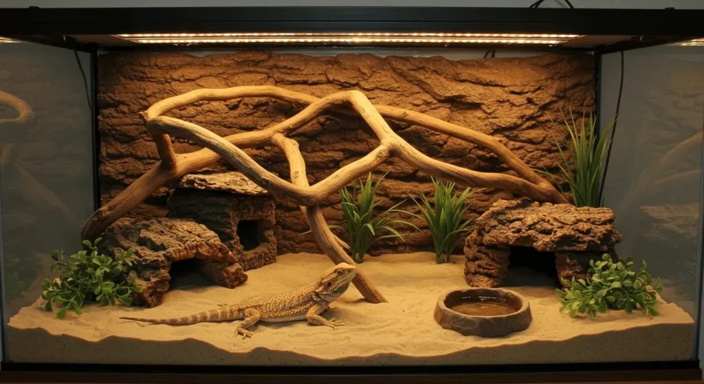 Spacious terrarium setup for a German Giant bearded dragon with UVB lighting, basking area, and natural branches.