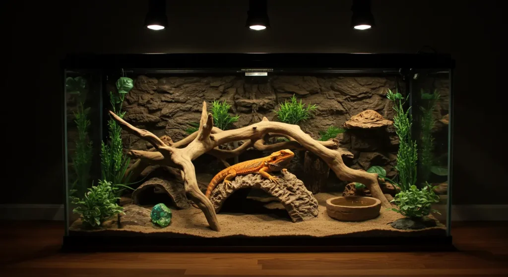 120 gallon bearded dragon tank with furniture, driftwood, and artificial plants