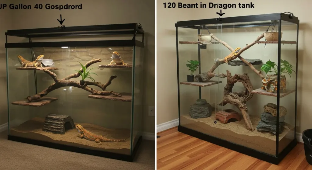 Side-by-side comparison of 40-gallon and 120 gallon bearded dragon tank with visible size difference