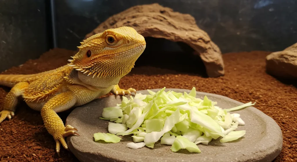 citrus bearded dragon next to chopped cabbage in a terrarium
