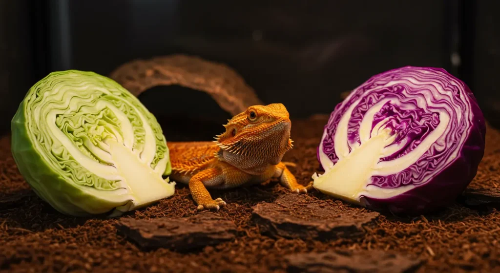 bearded dragon between green and red cabbage halves