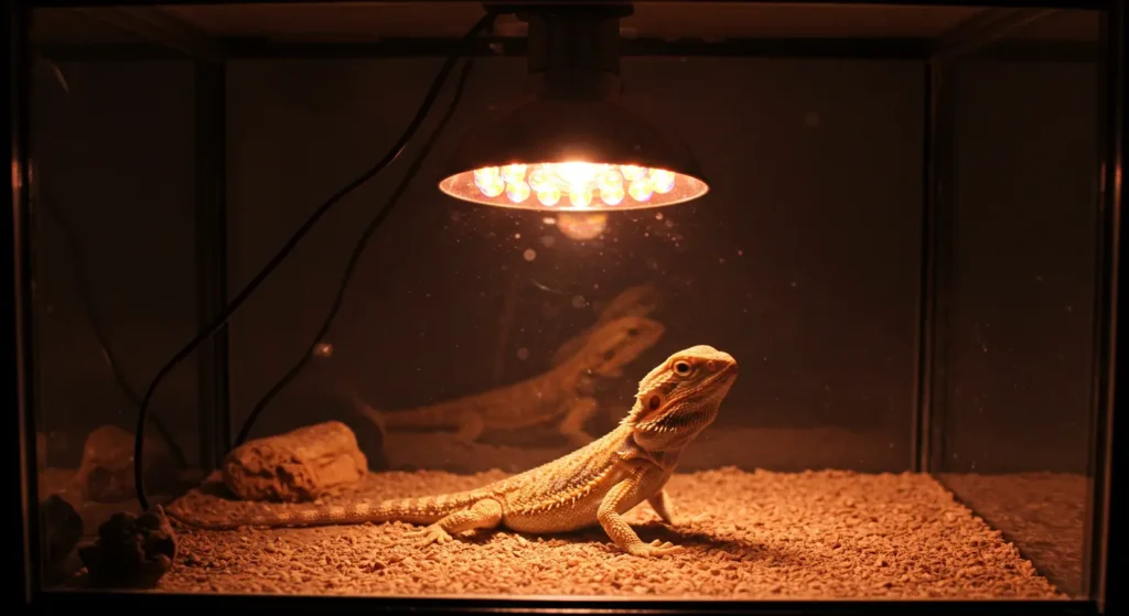 bearded dragon baby basking under UVB lighting