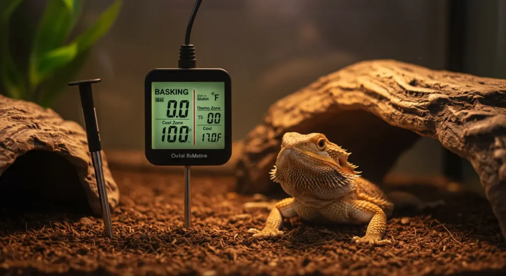 Thermometer showing accurate bearded dragon temperature zones