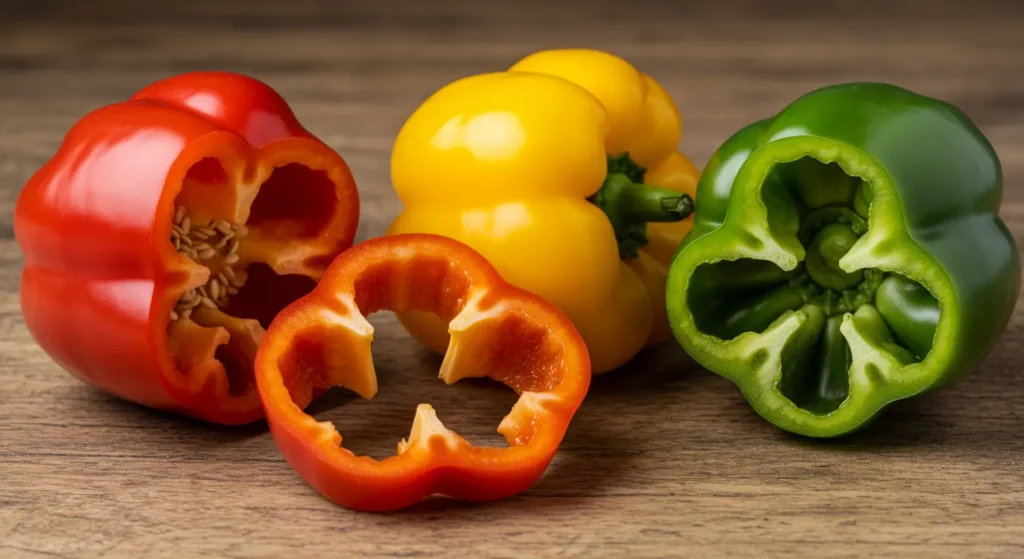  Red, yellow, and green bell peppers with vitamin labels