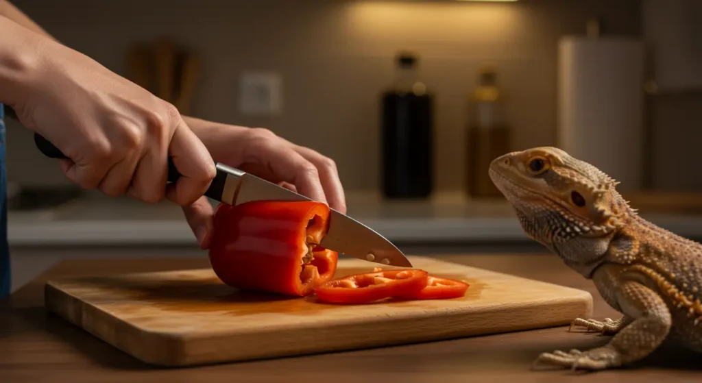 Bearded dragon watching pepper prep in an American kitchen