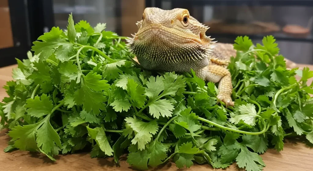 bearded dragon near a large pile of cilantro leaves