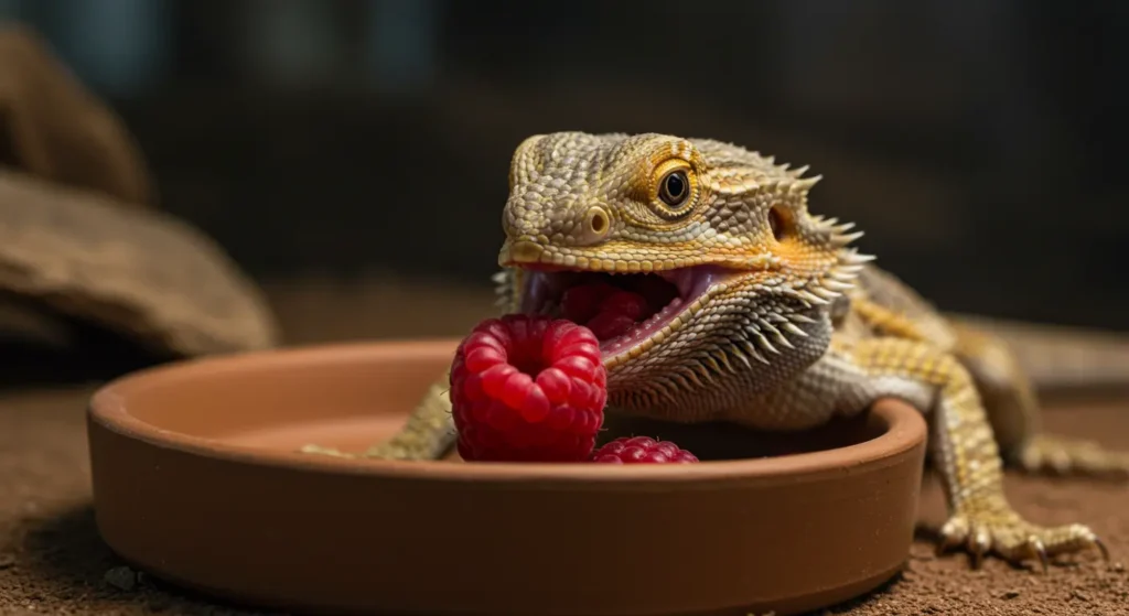 Bearded dragon eating a raspberry from a feeding dish