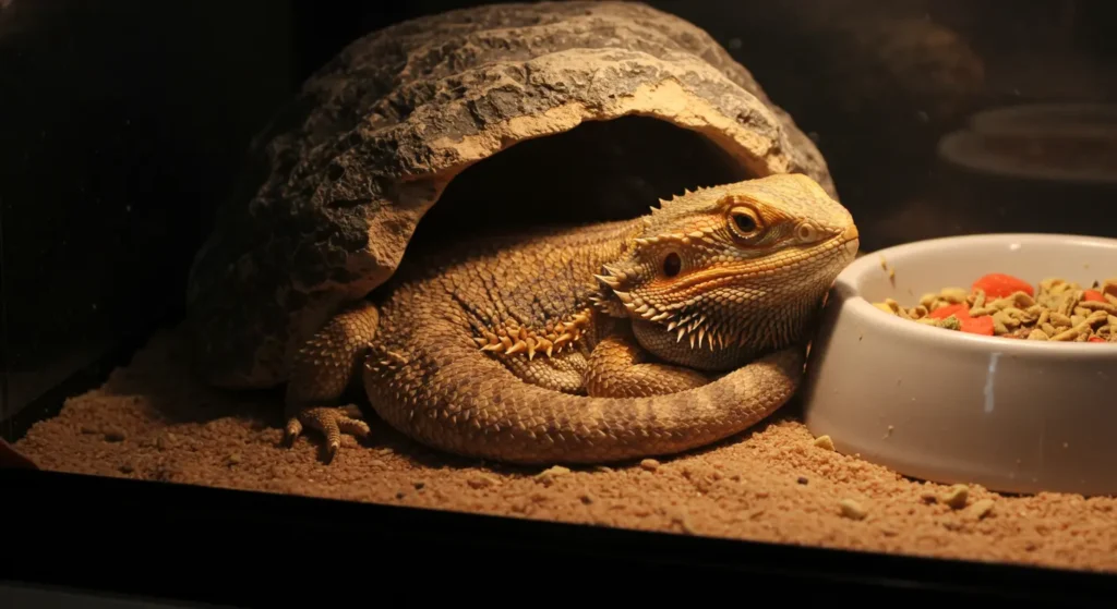 A bearded dragon curled up in its hide during brumation, illustrating how long a bearded dragon can go without eating.
