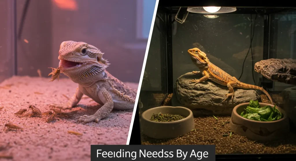 Side-by-side comparison of a baby bearded dragon eating insects and an adult basking near untouched greens, showing how long a bearded dragon can go without eating at different life stages.