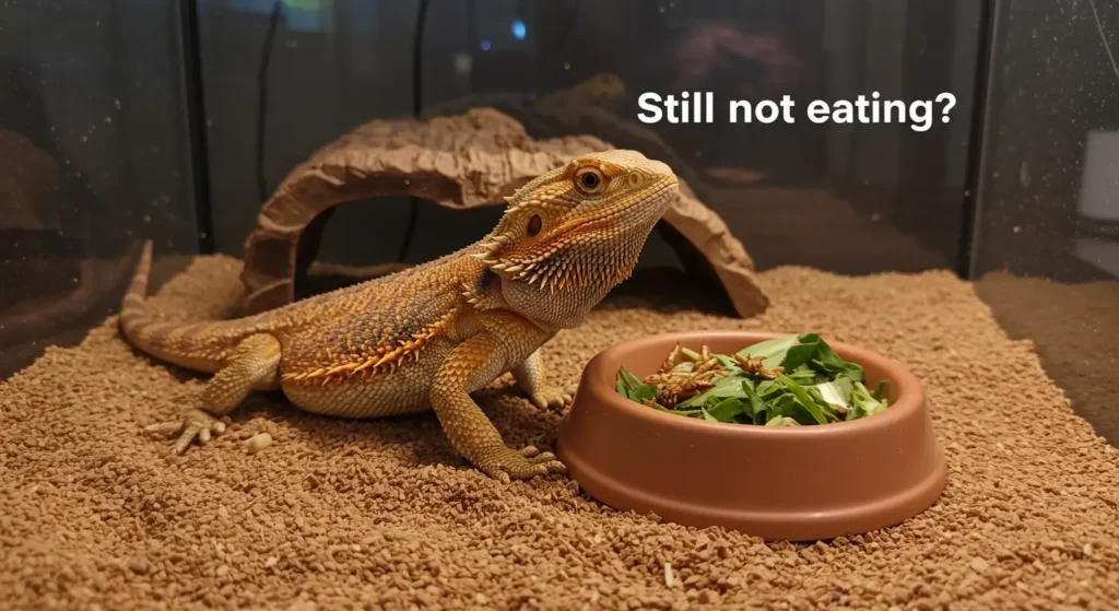 A healthy bearded dragon turns away from food in a clean enclosure, raising questions about how long a bearded dragon can go without eating.