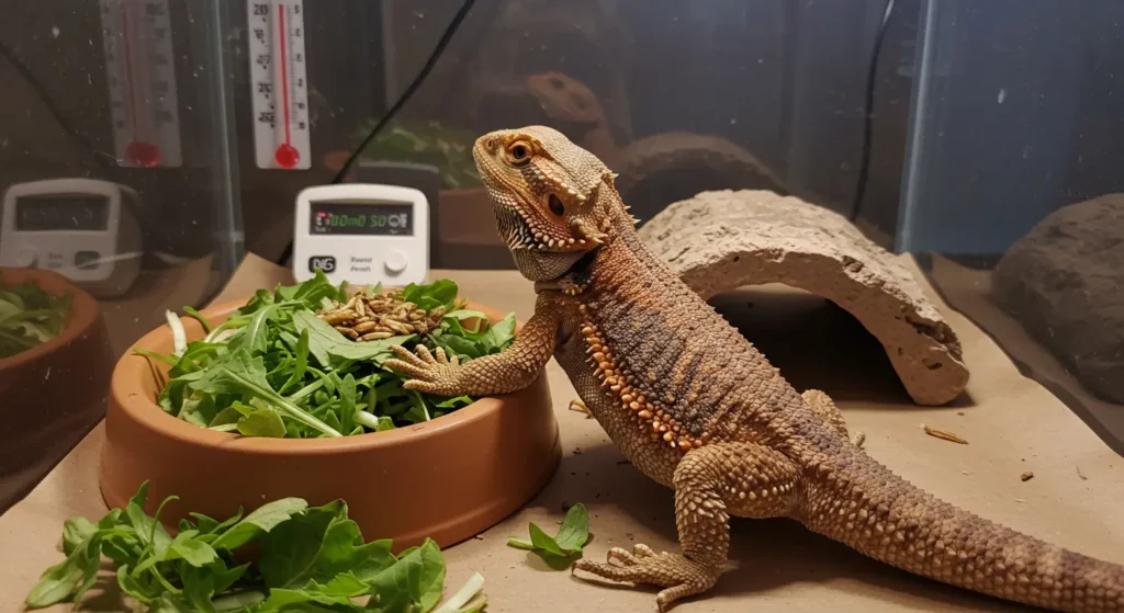Bearded dragon refusing to eat greens and insects in a clean tank setup.