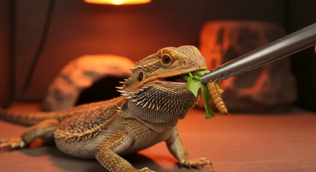 Bearded dragon eating greens from tongs after recovering appetite.