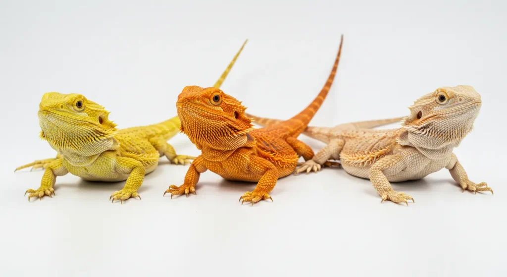 Citrus, tangerine, and hypo orange bearded dragons lined up for morph comparison