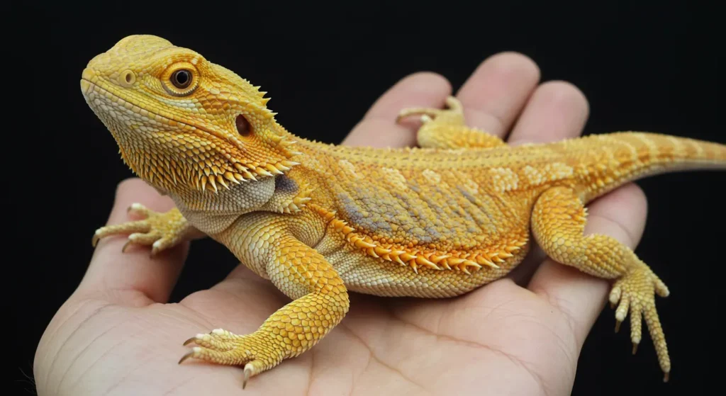 Hypo translucent citrus orange bearded dragon resting in a person's hand, showing pastel yellow and lavender tones