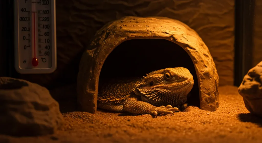 Bearded dragon in brumation hiding peacefully—how long can bearded dragons go without food