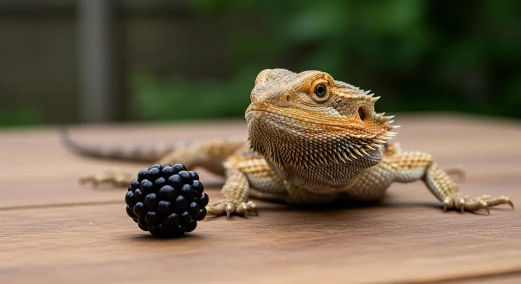 Bearded dragon sniffing a blackberry on a wooden table