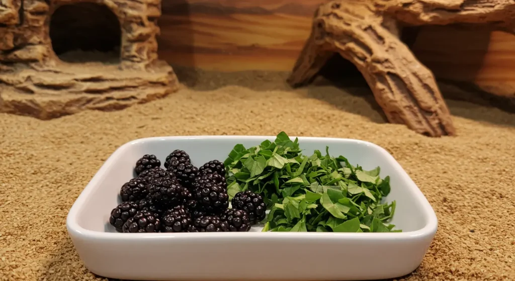 Chopped blackberries on a bearded dragon food bowl