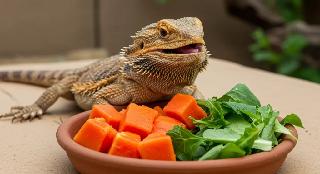 Bearded dragon eating papaya instead of blackberries