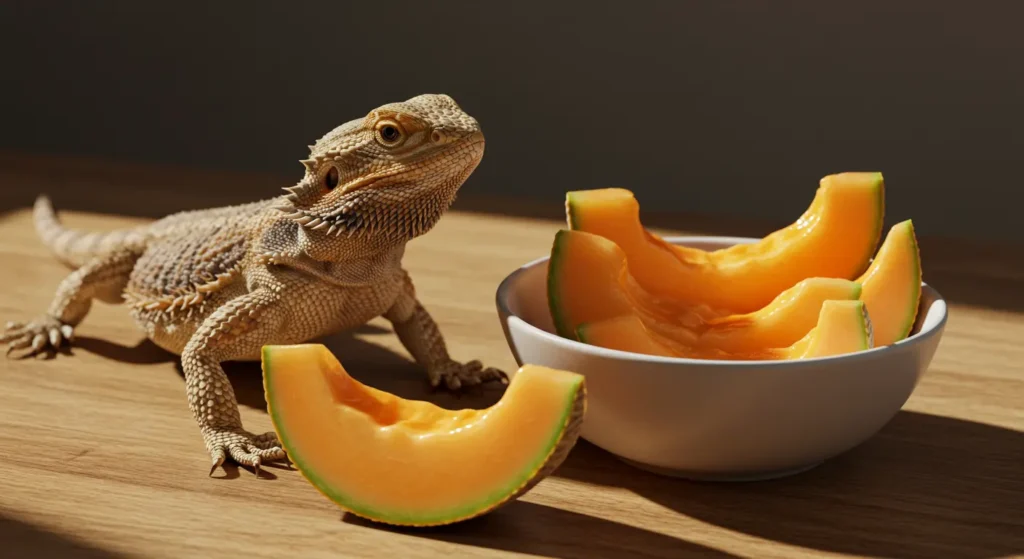 Bearded dragon staring at fresh cantaloupe slices — can bearded dragons eat cantaloupe?
