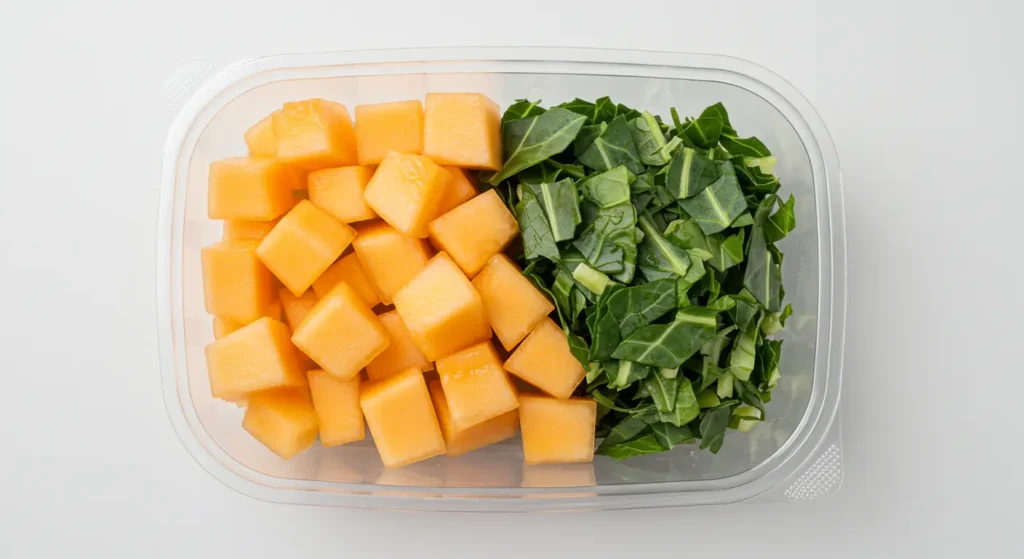 Balanced diet plate showing cantaloupe and leafy greens — can bearded dragons eat cantaloupe with greens?