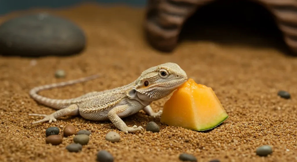 Baby bearded dragon with cantaloupe piece — can bearded dragons eat cantaloupe at a young age?