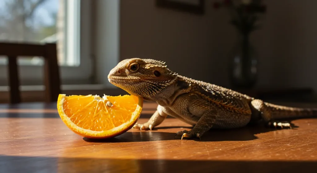 Bearded dragon sniffing an orange slice on a wooden table