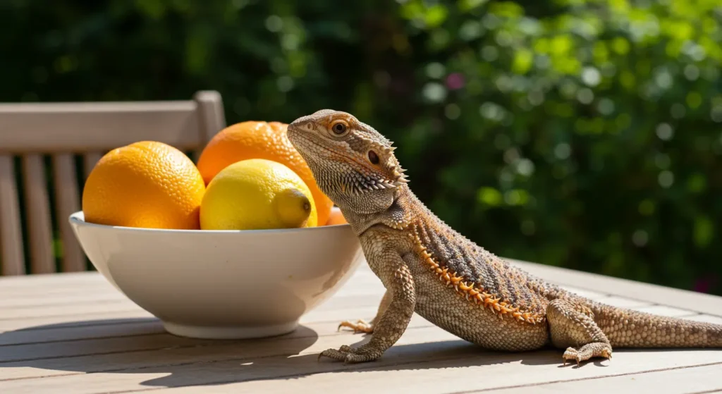Bearded dragon avoiding citrus fruits on a table
