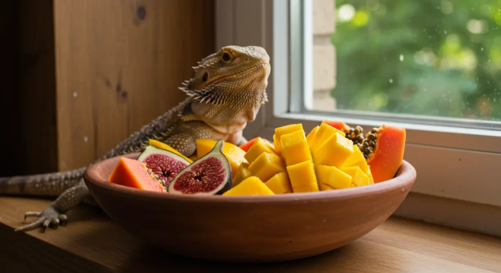Bearded dragon near a fruit bowl of mango, figs, and papaya