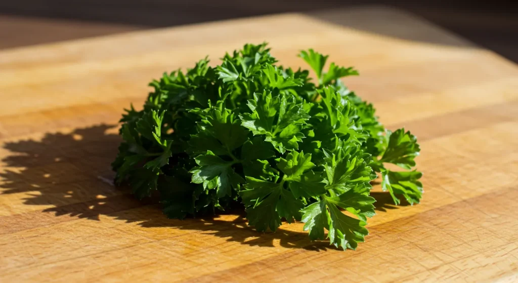Fresh parsley on a cutting board with labeled vitamins and minerals