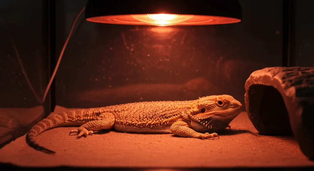 Bearded dragon lying under a heat lamp with weak limbs, representing MBD