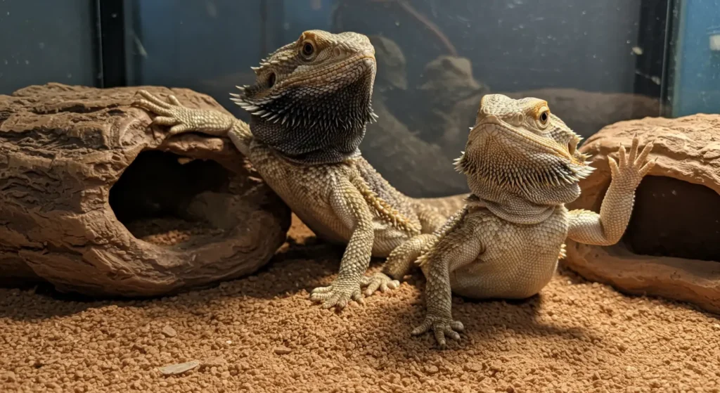 Male and female bearded dragon basking on a rock in a desert terrarium