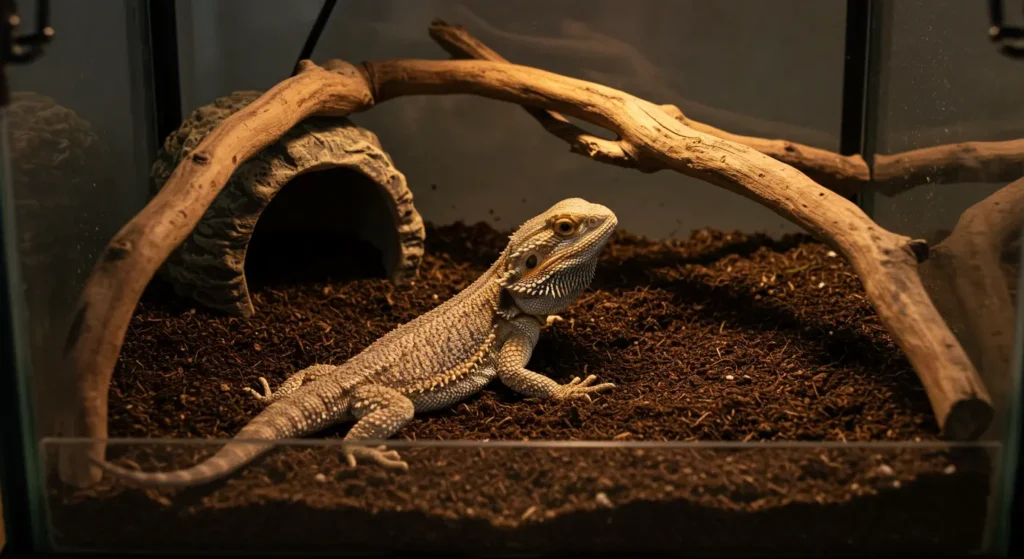 Female bearded dragon digging in substrate with a male and female bearded dragon comparison in mind