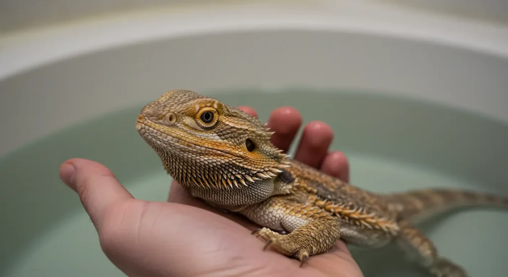 Male or female bearded dragon enjoying a warm soak in a shallow bath