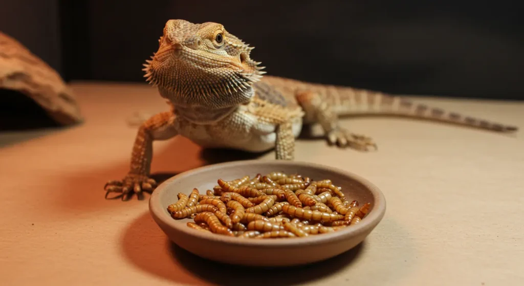A bearded dragon sitting alertly with a dish of mixed feeder worms (mealworms, superworms, silkworms) in front, bright and clean background