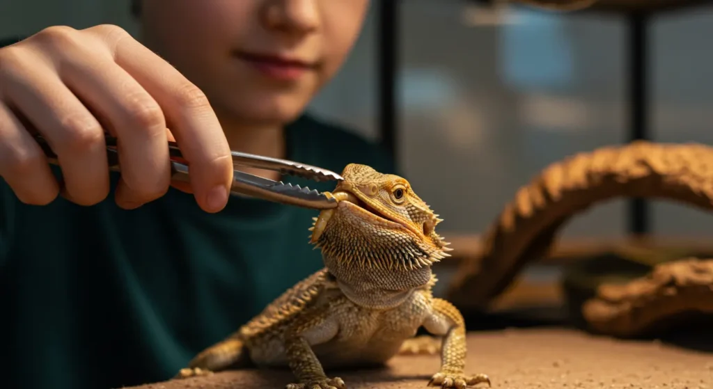 A child hand-feeding a small silkworm to a bearded dragon using feeding tongs, soft indoor light, smiling reptile owner in background