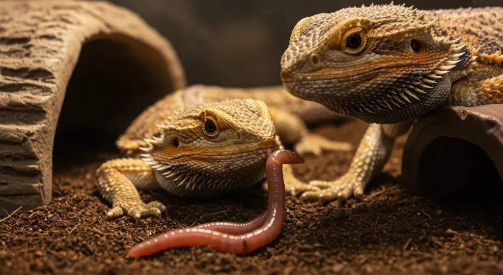 Bearded dragon staring at an earthworm in its enclosure