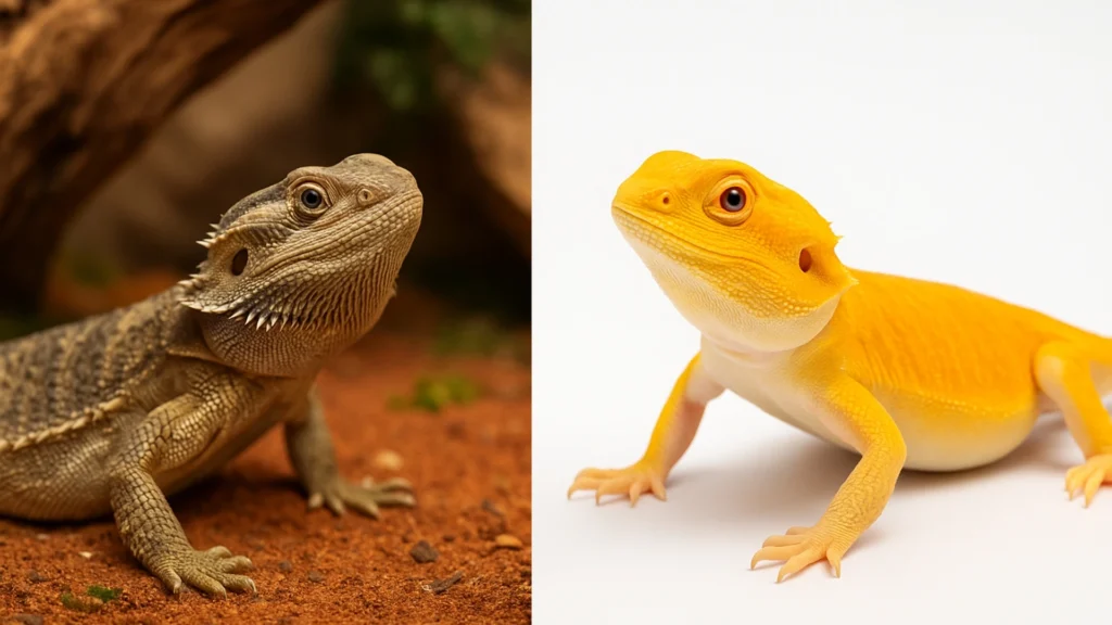 A healthy standard bearded dragon next to a bright-colored morph, illustrating bearded dragon morphs but bad effects.