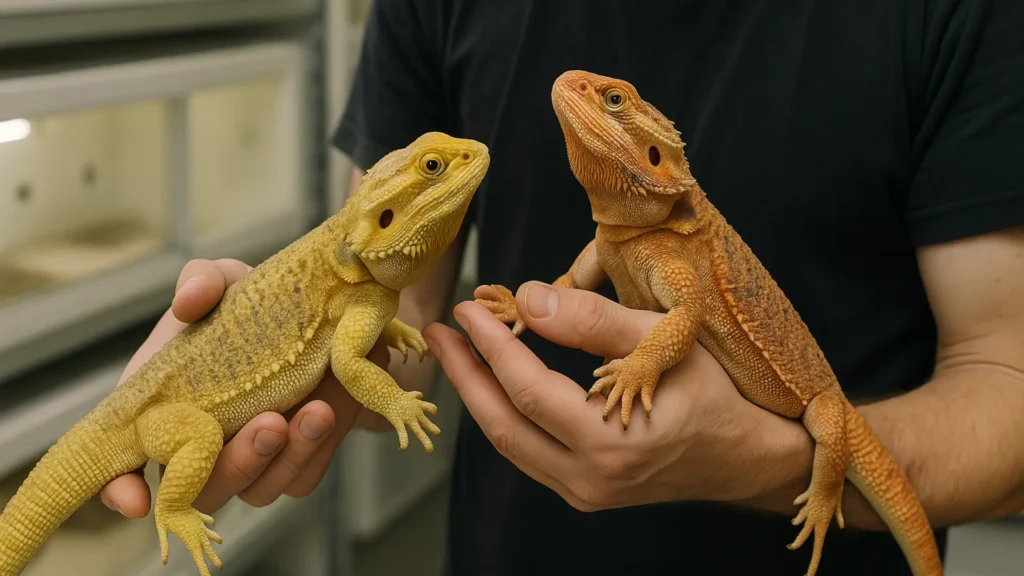 Breeder selecting adult dragons for bearded dragon selective breeding