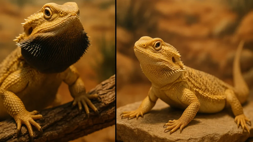 Male vs female bearded dragon side-by-side in a natural habitat