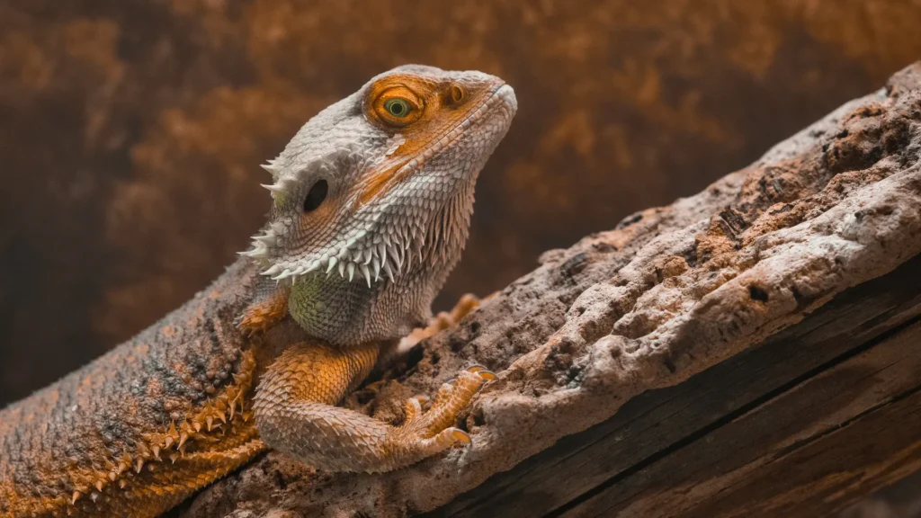 Bearded dragon resting on a textured branch in a terrarium